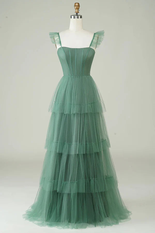 Luolandi A Line Fine Shoulder Strap Long Thin Gauze Eucalyptus Bridesmaid Dress Floor Length